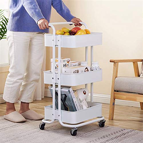 3-Tier Rolling Utility Cart, Multi-Purpose Storage Cart, Trolley Cart with Handles and Roller Wheels Craft Cart, Easy Assembly, for Office, Home, Kitchen, Bedroom, Bathroom (White with Handle) - Thumbnail 5