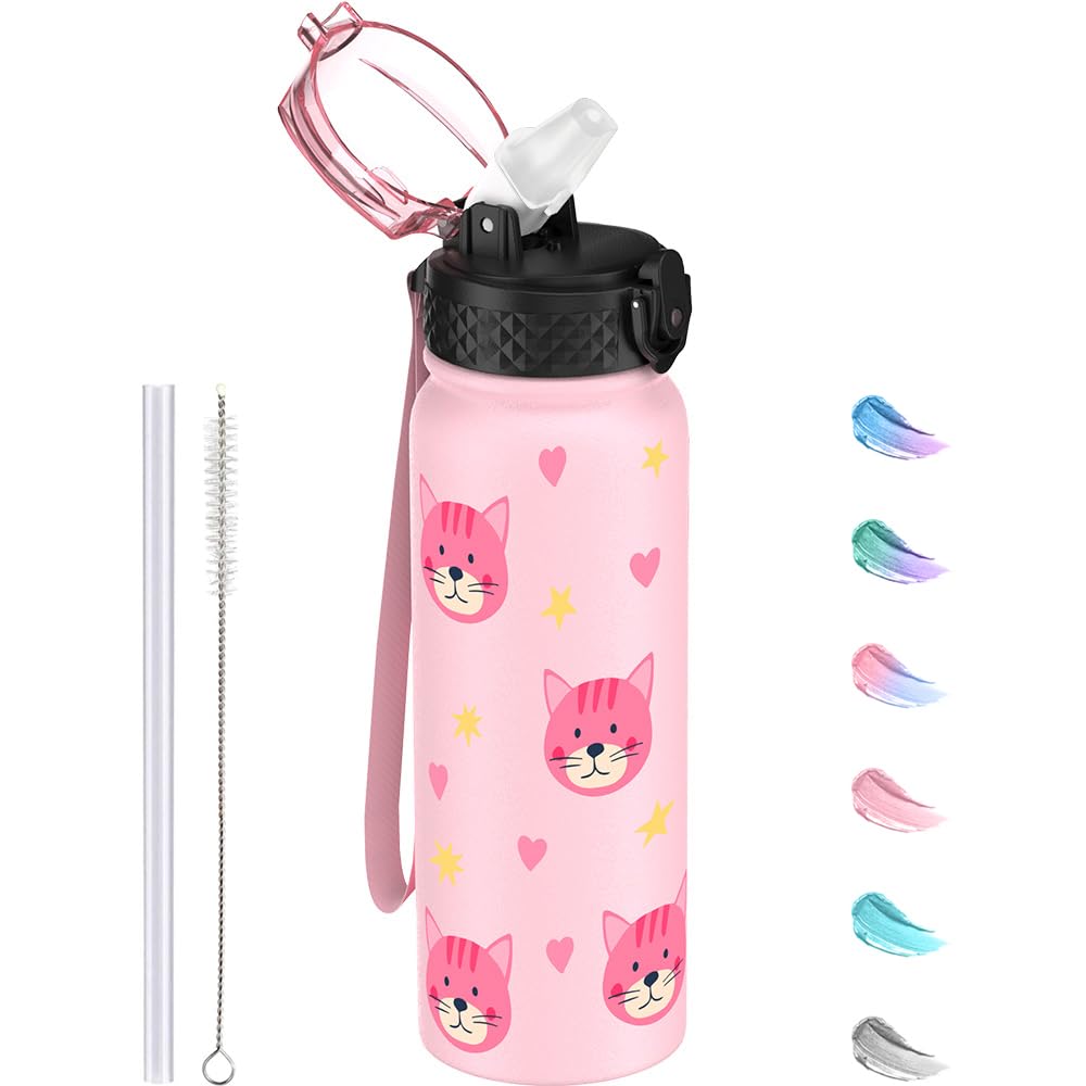 GOPPUS 600ml/20oz Stainless Water Bottle with Straw Double Wall Insulated Bottles with Strap One Hand Open Vacuum Thermal Flask Leakproof Keep Cold Bottles with Flip Top Lid BPA Free (Pink Cat)