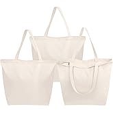 Segarty Canvas Tote Bag with Zipper, 3 Pack 18x15 Blank Canvas Bags for Women, Reusable Tote Bags Aesthetic with Natural Cotton Cloth Shoulder Strap, Bulk for DIY Grocery Beach Travel Gift