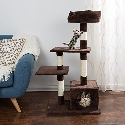4 Tier Cat Tree- Plush Multi-Level Cat Tower with Sisal Scratching Posts, Perch Platforms, and Penthouse Condo for Cats and Kittens By PETMAKER (43')