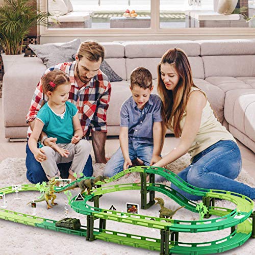 Magicfun Dinosaur Race Track - Car Race Track Train Tracks Set with 1 Car and 3 Dinosaurs Toys for Boys Toddlers Kids Game Gifts Playset