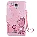 S4 Case,Galaxy i9500 Case LEECOCO Fancy Paint Floral Design Case [Credit Cards Slot] [Cash Pockets] PU Leather Flip Wallet Case with Stand for Samsung Galaxy S4 I9500,Pink Cat