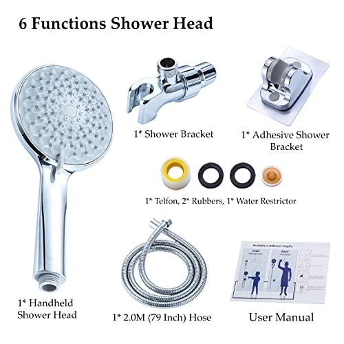 Shower Head, ElfElfElf 6 Settings 4.8 Inches High Pressure Detachable Handheld Showerhead,with 2.0Meter/79Inches Extra Long Hose and 360° Adjustable Brass Wall Joint Bracket & Adhesive Shower Brackets