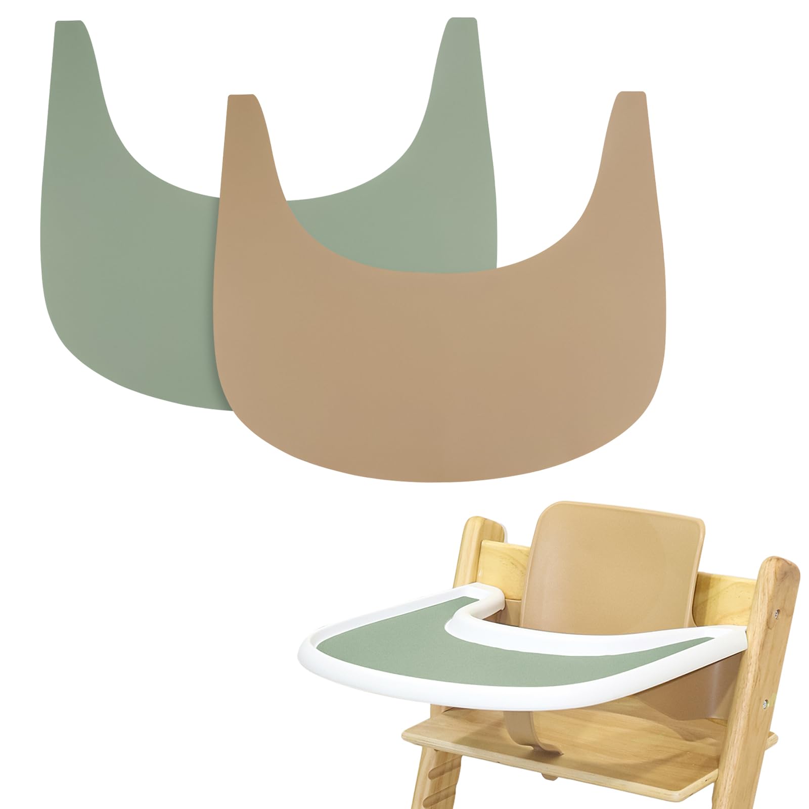 High Chair Placemat, 2 Pieces Durable High Chair Placemat Silicone, for Tripp Trapp High Chair Accessories, Suitable for StokPG-01ke Tripp Trapp High Chair Tray (Khaki/Green) — image 1