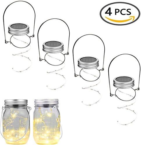 Merryjump 4 Waterproof Mason Jar String Light Lids &amp; 4 Stainless Steel Wire Handles,Warm white Solar Lights , for a regular mouth Mason Jar Decor,Patio Garden Path Lights (Jar Not Included)