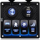 FXC Waterproof Marine Boat Rocker Switch Panel 4 Gang with 4.2A Dual USB Slot Socket + Digital Voltage Display + Cigarette Lighter LED Light for Car Rv Vehicles Truck