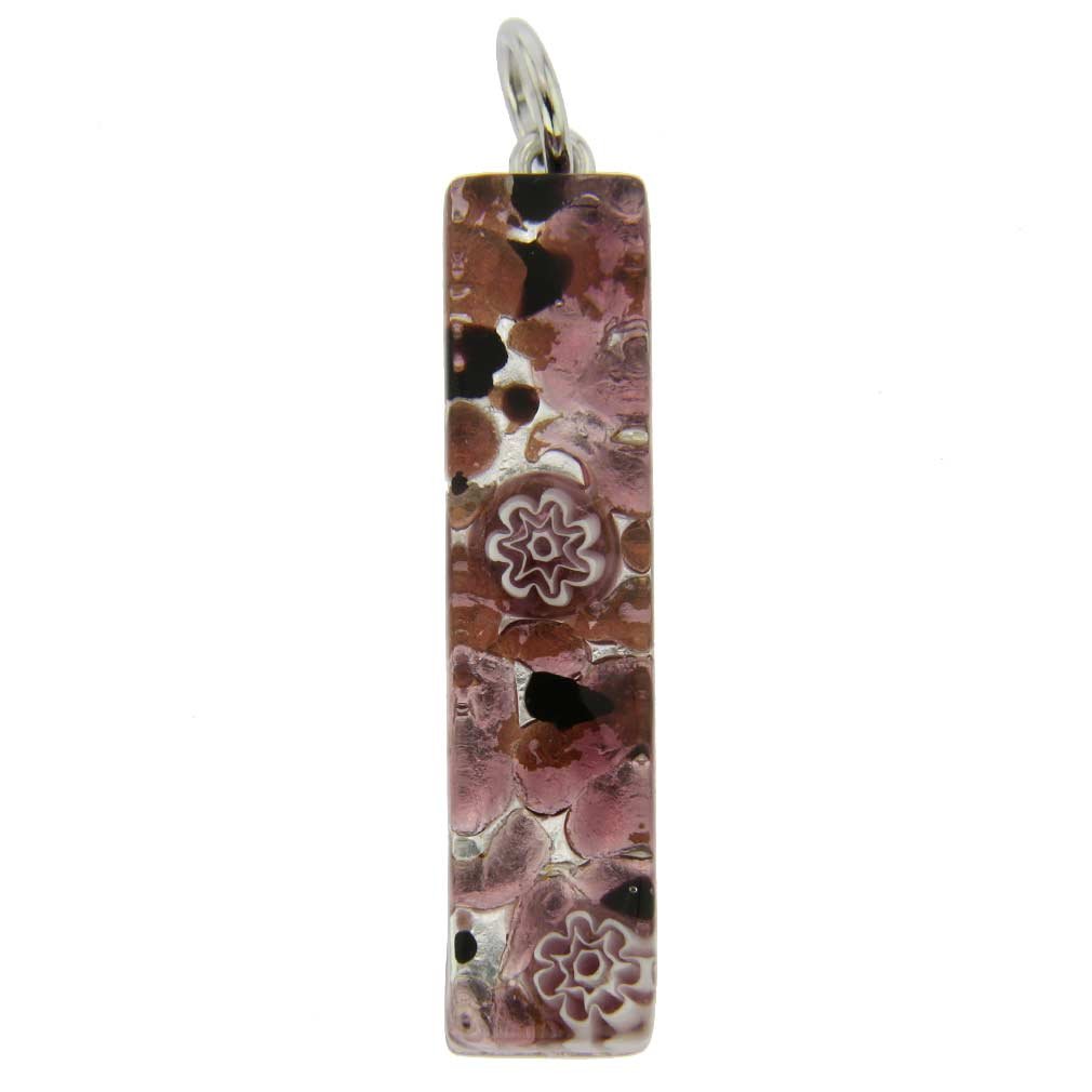Glass Of Venice Murano Glass Venetian Reflections Stick Rectangular Pendant Silver Purple Millefiori Flowers - Handcrafted Venetian Jewelry Made in Italy