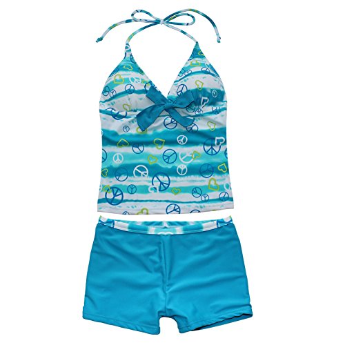 TIAOBU US Girls Peace Signs Heart Print Two-Piece Halter Tankini Swimsuit