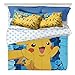 un 3 Piece Blue Yellow Pokemon Big Pikachu Twin/Full Bedding Comforter Set, Cute Bold Bright Geometric Anime Cartoon Pattern, Reversible Pokemon Ball White Blue Sky Kids Bedding for Bedroom,