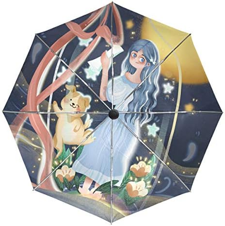 HappyCAT Cute Girl Dog Drifting Bottle Fantasy Theme Auto Umbrella Open Close Windproof Creative Design Fresh Style Travel Umbrella Lightweight Compact Parasol Umbrellas Sun & Rain 5021169