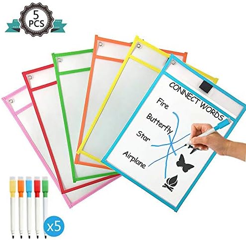 Reusable Dry Erase Pockets Sheet Protectors Write and Wipe Pockets With Dry Erase Pen for Office and Teaching Supplies (5 Pockets+5 Pens)