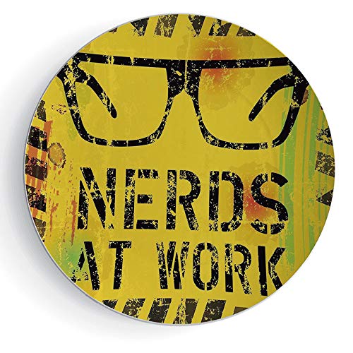 iPrint 7" Porcelain Dinner Plate with Stand Retro Round Nerds at Work Grunge Fictional Sign Glasses Hazard Stripes Work Hard Theme