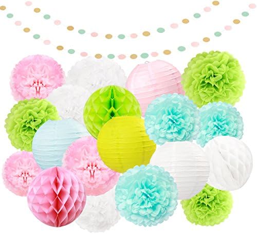 LyButty 21 Pcs Tissue Paper Pom Poms Flowers Paper Honeycomb balls Paper Lanterns Polka Dot Garland Hanging Party Supplies (Apple Green Light Pink Light Blue White)