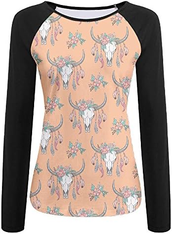 Boho Longhorn Cow Skull With Feathers Women's Sports Raglan Undershirt Fit Baseball Tees Shirt 3D Print Boat Neckline Workout Shirts