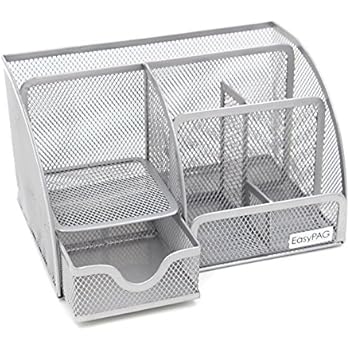 EasyPAG Office Supplies Mesh Desk Accessories Organizer 6 Compartments with Drawer,Silver