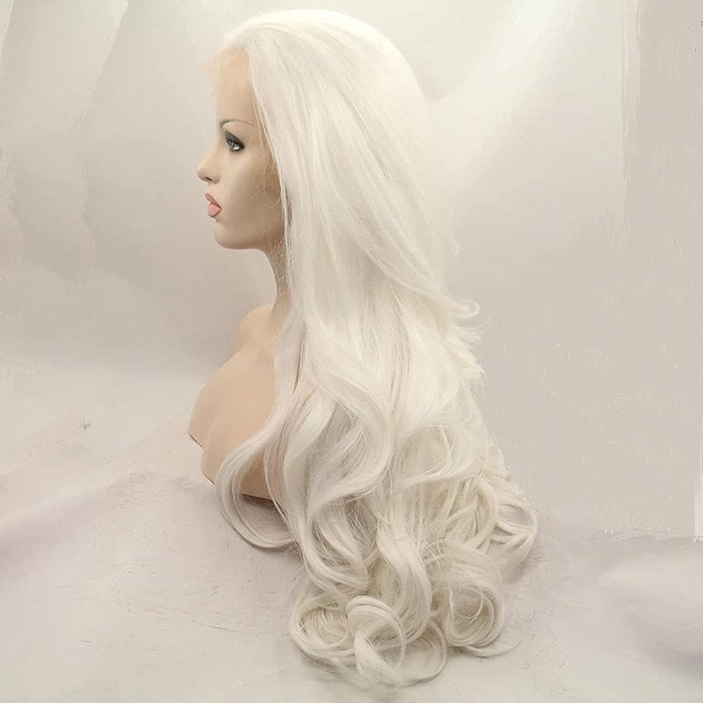 Xiweiya Long Body Wavy Platinum Blonde White Synthetic Lace Front Wig Soft Natural Hair Replacement Full Wig Heat Resistant Fiber For Women 24 inch