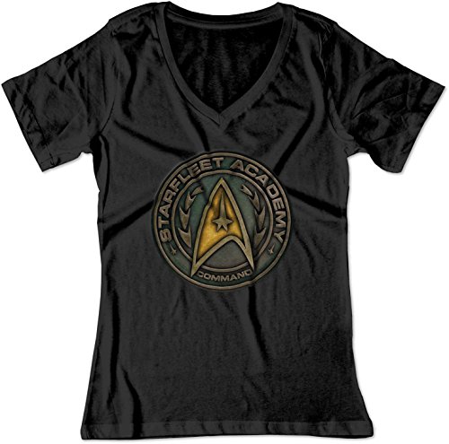 BSW Women's Star Trek Starfleet Academy Command Metal Logo V-Neck Shirt SM Black