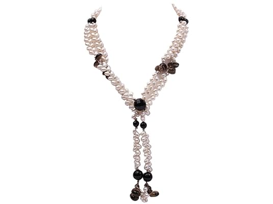 JYX Perlenkette Lange 6x8mm weißer Reis Form Perle und schwarzen facettierten Achat Halskette