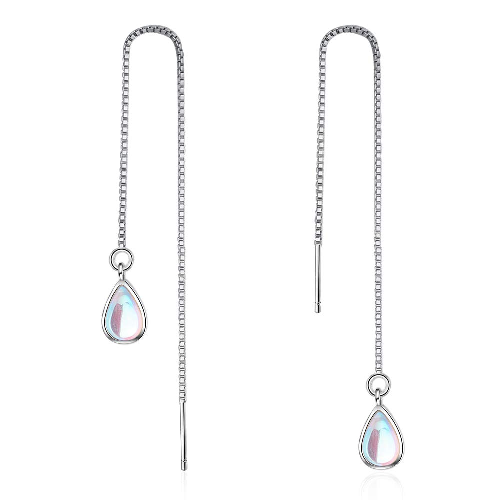 Multicolored Moonstone Teardrop Drop Earrings for Women/Girls Silver Chain Ear Threader Dangle Earring