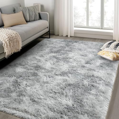 ASIinnsy Living Room Rug, Long Hair, Shaggy Modern Room Carpets, Large, Grey, Non-Slip, Soft, for Bedroom, Dining Room, Plush Rug (200 x 250 cm, Grey White)