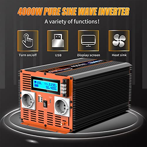 12V 220V Pure Sine Inverter 4000w Pure Sine Wave Inverter Transformer with Remote Control & LCD Screen & 2 EU Sockets & 2 USB Ports 3.4A & Type-C Port for RV Car Truck