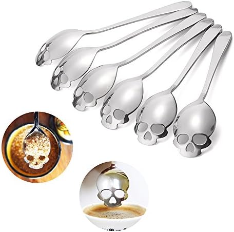 6 PCS Sugar Spoon , Skull Design Stainless Steel Tea Coffee Sugar Stirring Spoon Scoop Teaspoon