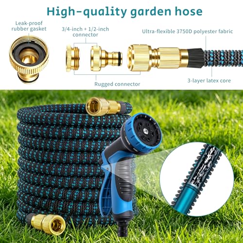 POP lina 15m Extendable Garden Water Hose with 1/2" and 3/4" Adapters with 10 Function Sprayer for Watering Irrigation Hose