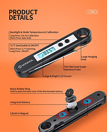 Meat Thermometer[Upgraded 2022], Candy and Food Thermometer for Cooking, SOQOOL Digital Instant Read Meat Thermometer for Kitchen Oil Deep Fry BBQ Grill, Folding Probe Backlight & Calibration Function
