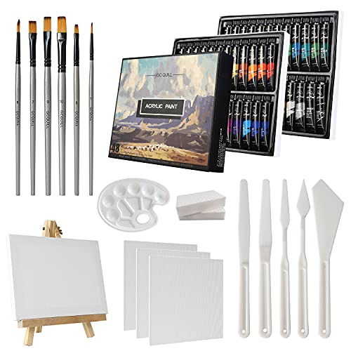 GC QUILL 48 x 12ml Acrylic Paint Tubes with 6 Brushes, Knives, Canvas, Easel, for Artist Painting on Wood, Ceramic, Fabric, Crafts GC-APK48