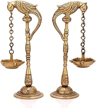 Artvarko Brass Metal Parrot Chain Hanging Diya Pair Design Traditional Deepak for Puja Diwali Lights Pooja Home Decor Mandir Gift Holder Gold 7 Inches