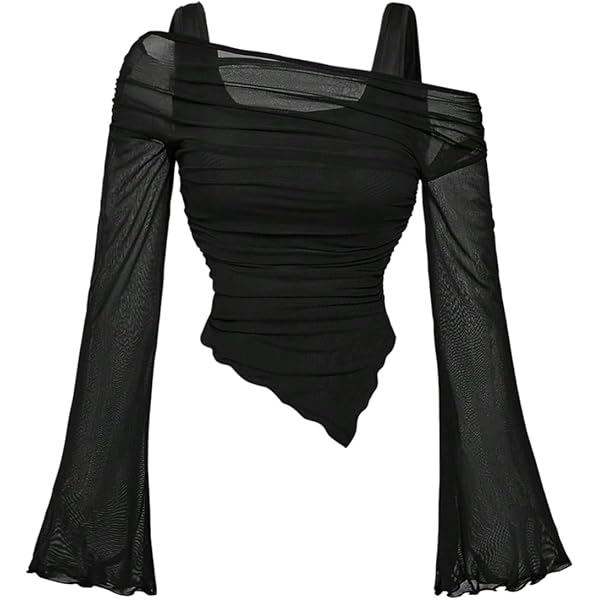 Women's Off Shoulder Goth Crop Top Mesh Patchwork Long Sleeve