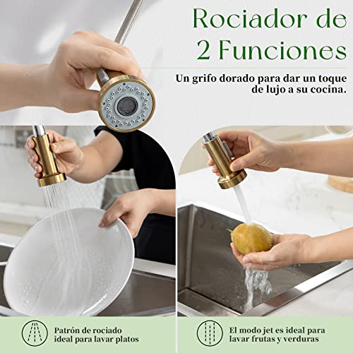 BLYLUND Grifo de Cocina Dorado, Grifo Monomando de Latón para Fregadero de Cocina con Rociador Extraíble de 2 Vías Caliente y Frío, Oro