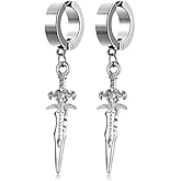 Unisex Punk Hip Hop Stainless Steel Silver Black Gold Tone Lock Thunder Lightning Bolt Dangle Huggie Hoop Earrings Gift for Women Men Boy Teens