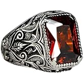 Mnyixsi Fashion Sterling Silver Cubic Zirconia Diamond Ring for Men, Handmade Carved Dainty Red CZ Stone Ring Gift, Red Square Crystal Jewelry, Birthstone Statement Promise Male Ring Size 7
