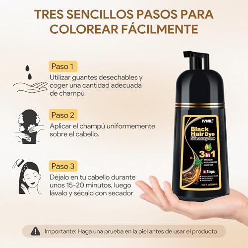 Black Hair Dye Shampoo 3 in 1, Shampoo para Canas con Tinte, Champú para Teñir el Cabello Negro, Cobertura de Canas con Ingredientes Herbales, 500ml (Negro)