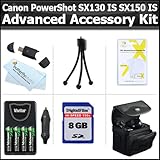 8GB Advanced Accessory Kit For Canon PowerShot SX160 IS, SX160IS, SX130 IS SX130IS SX150 IS SX150IS Digital Camera Includes 8GB High Speed SD Memory card + USB 2.0 Card Reader + 4AA High Capacity Rechargeable NIMH Batteries And AC/DC Charger + Case + More