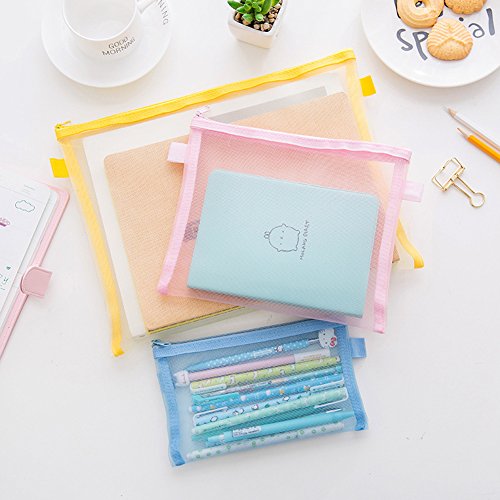 HYFAN Zipper File Envelope Folder Bag Breathable Transparent Mesh Document Pocket A4 Paper Pouch Storage for Office School Supplies ( PVC, 6 colors, A4 size, Pack of 6 )