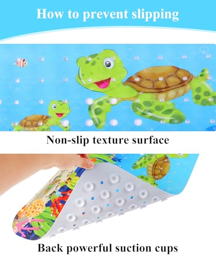 Secopad Children's Bath Mat for Bathtub, 100 x 40 cm, Cartoon Non-Slip Mat, Bathtub Baby, Bath Mat Non-Slip with Suction Cups, 100% BPA Free & Machine Washable, Turtles