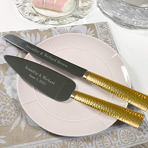 Personalized Engraved Customized Wedding Cake and Knife Server Set, Hammered Metal Cake Cutter with Knife, Gold