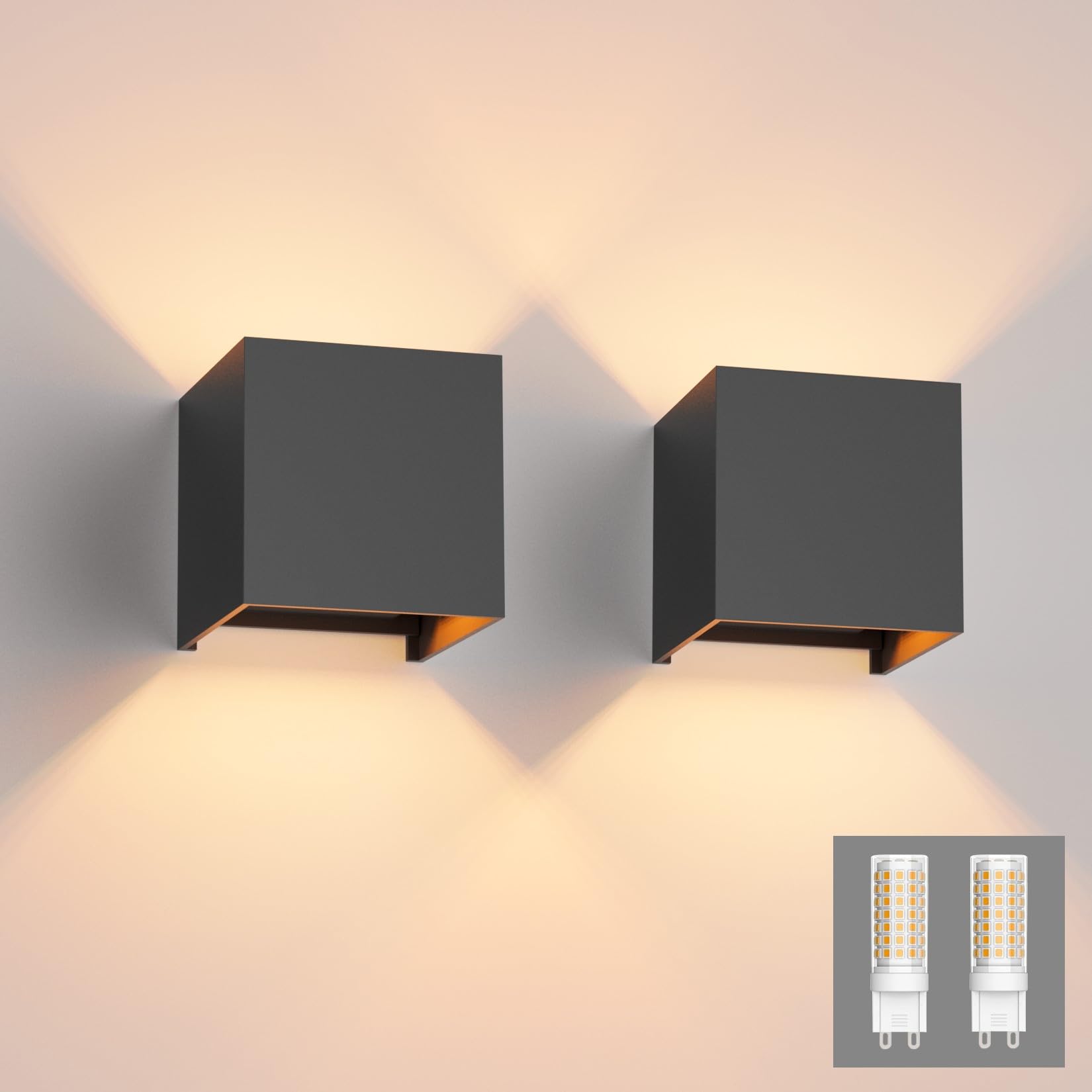 Klighten 2 Packs Modern LED Wall Lights Up and Down Wall Lamp Indoor/Outdoor Wall Sconce Lights for Living Room, Bedroom, Hallway, Warm White 3000K, Dark Grey (G9 LED Bulb Include)