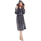 HOLOVE Women's Warm Hooded Fleece Bathrobe Cozy Long Spa Robes for Ladies