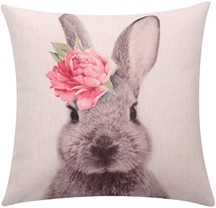 BreezyLife Easter Rabbit Throw Pillow Cover Flower Rabbit Decorative Pillow Case Square Linen Cushion Cover for Sofa Couch Outdoor Home Decor Housewarming Gift 18x18 Inches