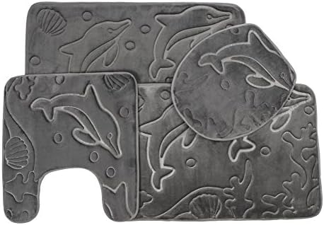 Bathroom Rug Mat Set 4-Piece Memory Foam - Extra Soft Anti-Slip Shower Large Bath Rugs – Perfect Combination of Luxury and Comfort - Grey Dolphins