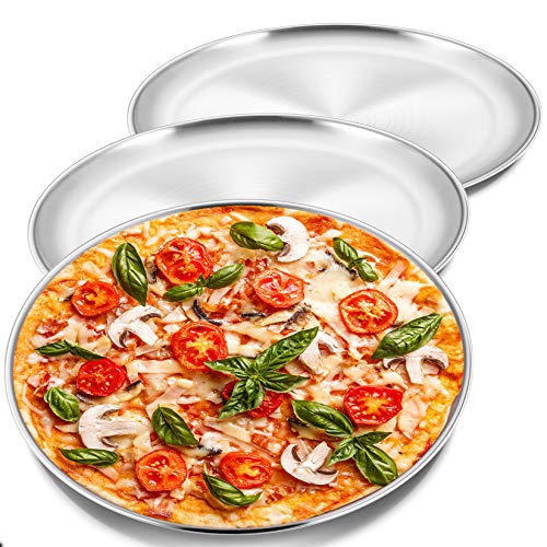 P&P CHEF 12 Inch Pizza Pan, 3 Pieces Stainless Steel Round Pizza Tray Dish Plate For Oven Baking Roasting, Healthy & Heavy Duty, Rust Free & Dishwasher Safe -Silver