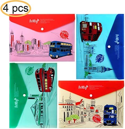 JX Hornet Premium Happy Bus Printed Letter/A4 Booklet Document File Envelope Folder Holder Organizer Bag ,With Snap Button,Soft Plastic Quality,Different Colors,Size 9"13" ,Pack of 4 Pcs