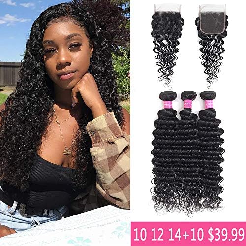 JOSUA Hair 9A Brazilian Deep Wave 3 Bundles With Closure 100% Human Hair Bundles With 4×4 Lace Closure Unprocessed Virgin Deep Wave Bundles Natural Color (10 12 14+10, bundles with closure)