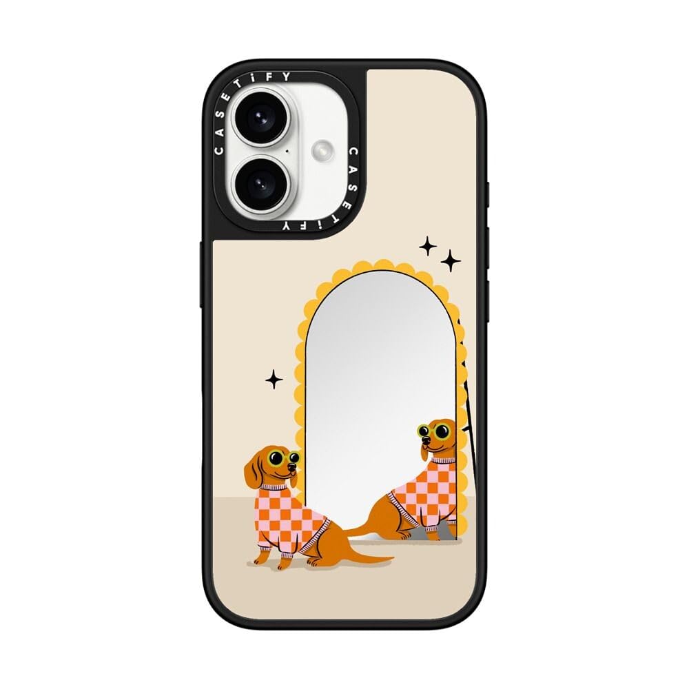 CASETiFY Mirror iPhone 16 Case [Reflective / 4.9 ft. 1X Military Grade Drop Protection/Compatible with Magsafe] - Checkered Dachshund Mirror - Silver on Black