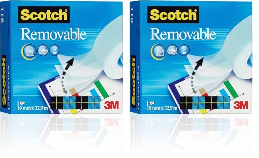 Scotch Removable Magic Tape 1 Roll 19 mm x 32.9 m - Repositionable Tape for Document Repair, Labelling & Sealing (Pack of 2)