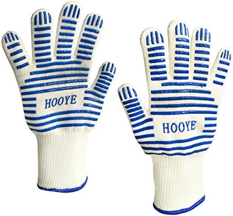 HOOYE Heat Resistant BBQ Grill Gloves for Kitchen and Outdoor Cooking , Hot Surface Handler (BLUE-stripe)