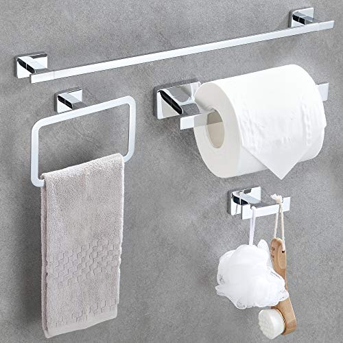 DUFU 4-Piece Silver Stainless Steel Towel Rail Set - Towel Rack, Towel Ring, Toilet Roll Holder and Hook | Multifunctional Wall Accessories | Modern Design